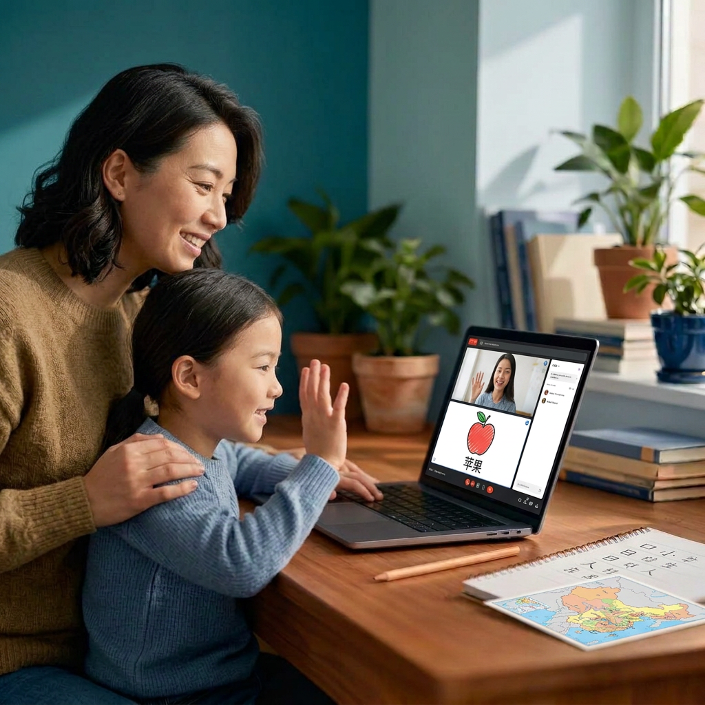 A parent and young child together at a laptop during a live 1-on-1 Google Meet Chinese class with their teacher.